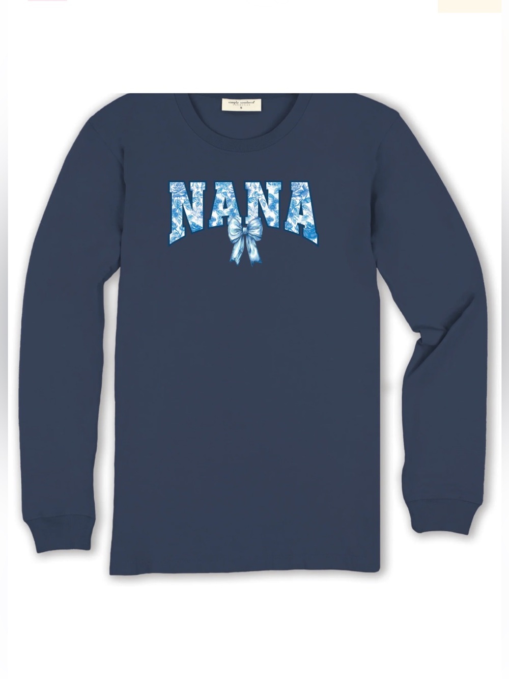 Simply Southern Navy Blue with Blue Floral Blessed Nana Bow Long Sleeved TShirt - Picture 3 of 4